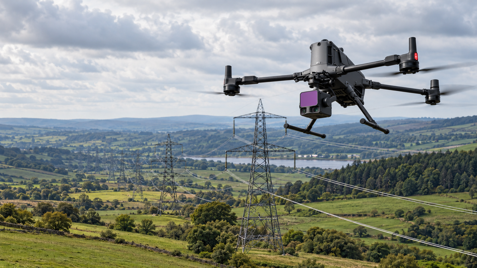 DJI Matrice 400 with LiDAR above electricity pylons