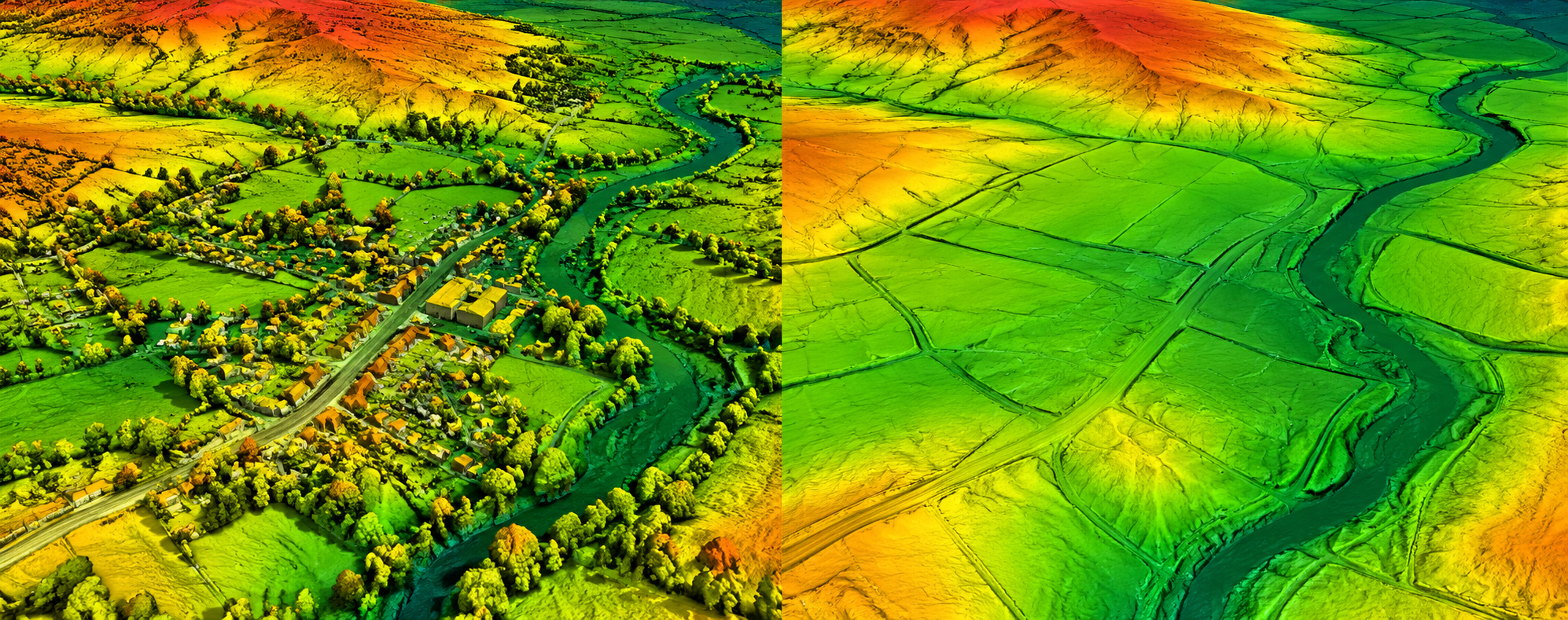 Comparison of a digital surface model and digital terrain model of the same landscape