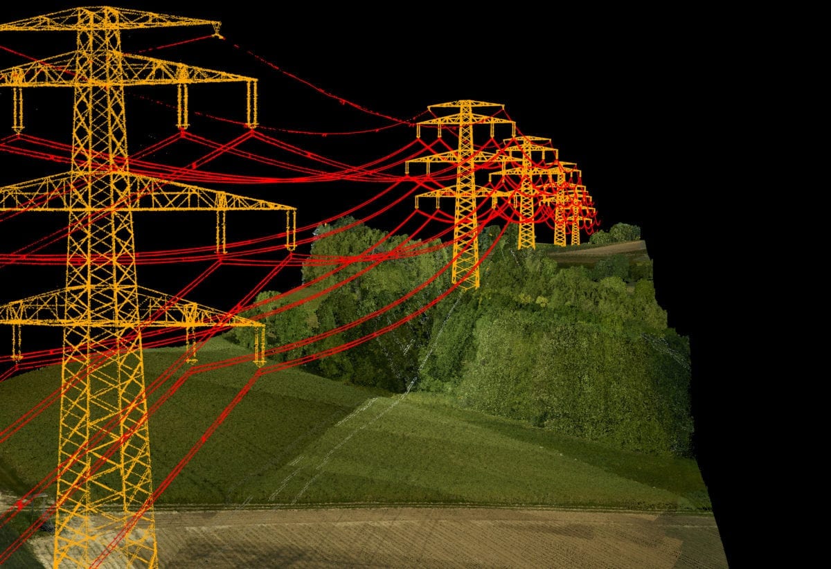 LiDAR point cloud of electricity pylons and overhead conductors